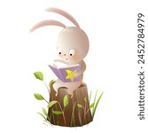 Cute rabbit or bunny in the forest reading a book, sitting on a tree stump. Animal reading book in nature illustration for children. Isolated vector character clipart in watercolor colors for kids.