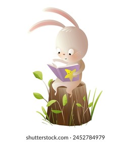 Cute rabbit or bunny in the forest reading a book, sitting on a tree stump. Animal reading book in nature illustration for children. Isolated vector character clipart in watercolor colors for kids.