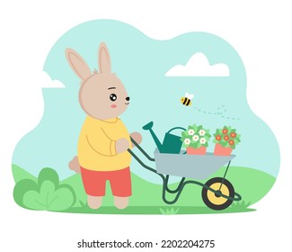 Cute rabbit or bunny is gardening against the background of a spring landscape. Vector illustration