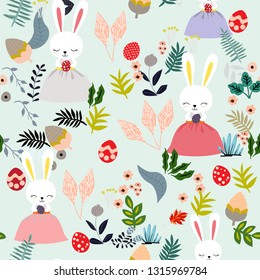 cute rabbit bunny girl with egg decoration and flowers garden seamless pattern,illustration vector by freehand,childish nursery style