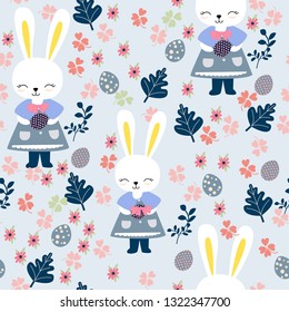 Cute rabbit bunny girl with egg decoration and flowers garden seamless pattern,illustration vector by freehand,childish nursery style