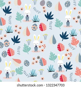 Cute rabbit bunny girl with egg decoration and flowers garden seamless pattern,illustration vector by freehand,childish nursery style