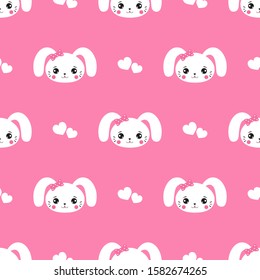 Cute rabbit bunny hare and heart seamless pattern. Vector