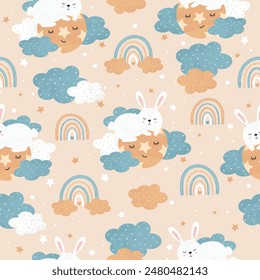 Lindo conejo, conejito, liebre durmiendo en un planeta en las nubes. Patrón de bebé sin costuras para carteles, estampados de tela y postales. Vector