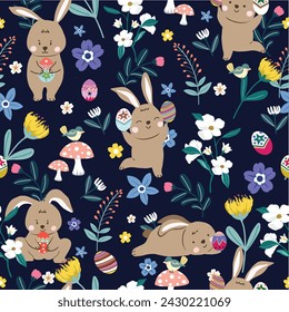 Cute rabbit bunny having fun in flower garden on Easter day seamless pattern