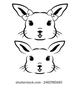 Cabeza de conejo lindo con la línea de los arcos doodle contorno de Vector, siluetas negras aisladas sobre fondo blanco