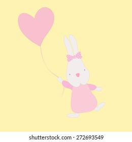 Cute rabbit bunny with heart shape balloon. vector design illustration.