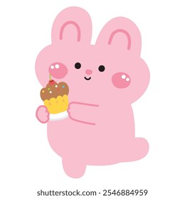 Cute rabbit bunny hold chocolate cherry cupcake.Bakery.Sweet and dessert.Rodent animal character cartoon design.Kawaii.Vector.Illustration. 