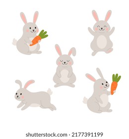 Cute rabbit or bunny holding carrot, flat vector illustration isolated on white background. Set of cartoon animal characters for kids. Easter and spring concepts. Rabbit in different poses.