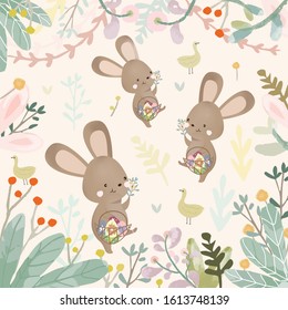 Cute rabbit  bunny holding easter egg  basket ,having fun in sweet flower garden.