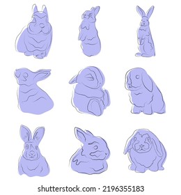 Cute rabbit, bunny, line art, color spots, set, pastel blue