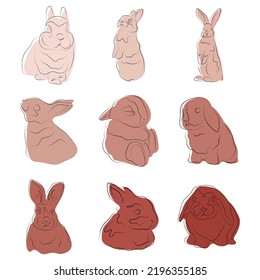 Cute rabbit, bunny, line art, color spots, set, pastel brown