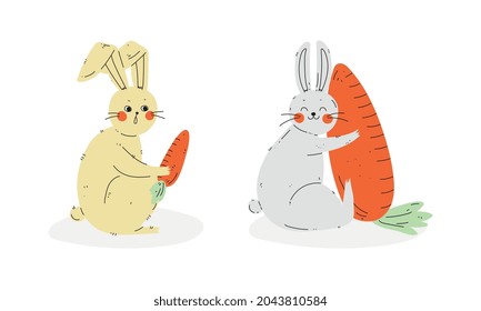Cute Rabbit or Bunny with Long Ears Holding Ripe Orange Carrot Vector Set