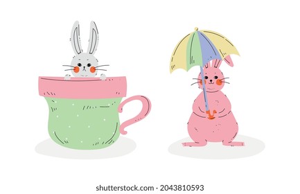 Cute Rabbit or Bunny with Long Ears Sitting in Huge Mug and Holding Umbrella Vector Set