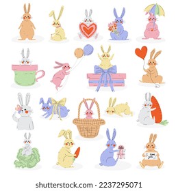 Cute Rabbit or Bunny with Long Ears Engaged in Different Activity Big Vector Set