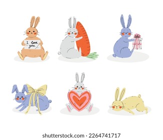 Cute Rabbit or Bunny with Long Ears with Carrot, Gift Box, Heart and Ribbon Bow Vector Set