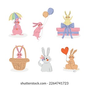 Cute Rabbit or Bunny with Long Ears with Umbrella, Balloons, in Wicker Basket and with Gift Box Vector Set