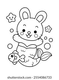 Cute rabbit bunny marmaid coloring page illustration