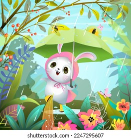 Cute rabbit or bunny in the rain holding umbrella. Rainy Forest illustration for children with a cute bunny enjoying the rain. Fantasy vector drawing in watercolor style for kids.