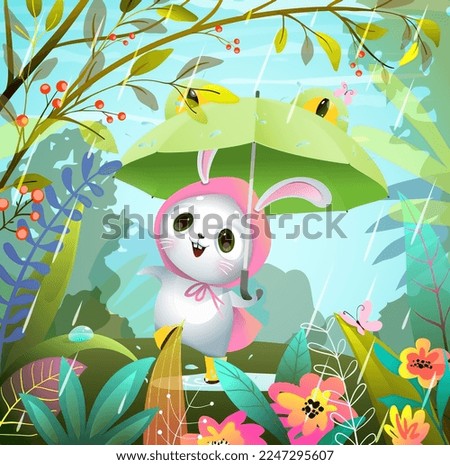 Cute rabbit or bunny in the rain holding umbrella. Rainy Forest illustration for children with a cute bunny enjoying the rain. Fantasy vector drawing in watercolor style for kids.