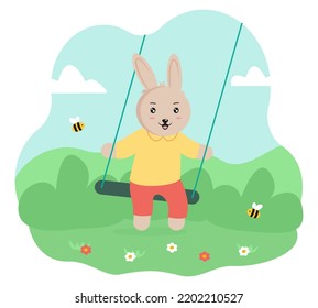 Cute rabbit or bunny is resting on a swing against the background of a spring landscape. Vector illustration