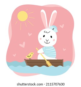 Cute rabbit. Bunny is sailing on a boat, hearts, a bird. Cozy cartoon flat illustration isolated on white background