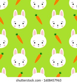 Cute rabbit bunny seamless pattern. Kawaii little animal face and carrot on bright green background. Design for kid, child, baby, clothes, gift, scrap paper, wallpaper. Vector endless repeat  ornament