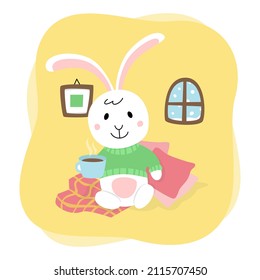 Cute rabbit. Bunny sits in the house and drinks tea. Cozy cartoon flat illustration isolated on white background