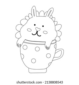Cute rabbit or bunny sits in a mug with polka dots. A simple naive page or book for kids and adults