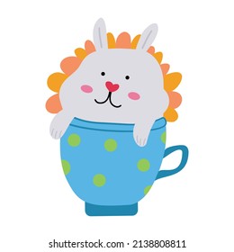 Cute rabbit or bunny sits in a mug with polka dots. A simple naive kids illustration
