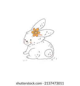 Cute rabbit or bunny sitting in the grass with flower on head, flat vector illustration isolated on white background. Adorable cartoon character of animal. Concept of spring and Easter holiday.