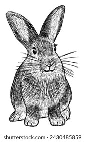 cute rabbit bunny sitting isolated black white hand drawn sketch vector illustration fur texture large ears and whiskers for book educational materials holiday easter cards art prints design