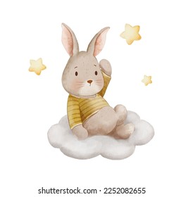 cute rabbit or bunny sitting on the cloud and stars watercolor illustration with isolated background for nursery, baby and kids