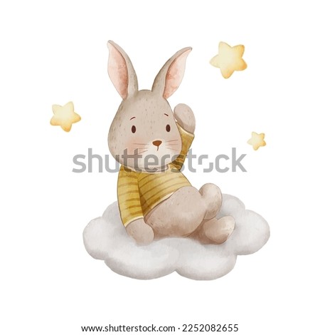 cute rabbit or bunny sitting on the cloud and stars watercolor illustration with isolated background for nursery, baby and kids