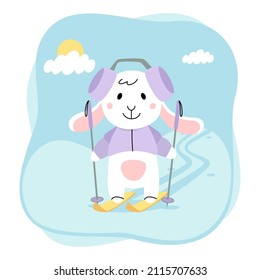 Cute rabbit. Bunny is skiing. Cartoon flat illustration isolated on white background