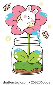 Cute rabbit bunny sleep on big flower grow in glass jar.Butterfly.Water.Soil.Nature floral.Rodent animal character cartoon design.Kawaii.Vector.Illustration.