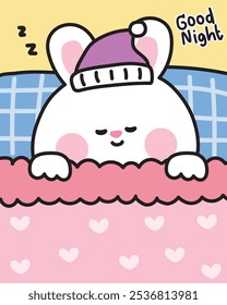 Cute rabbit bunny sleeping on the bed.Pillow.Bedroom.Take a rest.Dream.Good night.Rodent animal character cartooon.Kawaii.Vector.Illustration