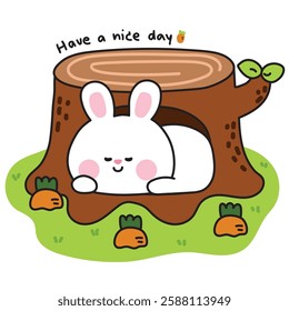 Cute rabbit bunny sleeping and stay in tree.Carrot garden.Chopped trunk tree.Easter.Jungle.Wild.Rodent animal character cartoon design.Kawaii.Vector.Illustration.