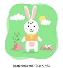 Cute rabbit. Bunny in the spring, took off his winter clothes. Cartoon flat illustration isolated on white background