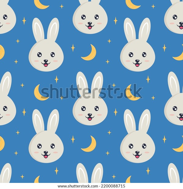 Cute rabbit or bunny with stars on a blue\
background. Seamless pattern. Can be used for web page background\
fill, surface texture