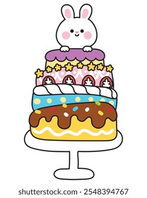 Conejo lindo conejo estancia en gran pastel. Feliz cumpleaños. Fiesta de celebración. Chocolate. Fresa. Diseño de dibujos animados de animales de roedor. Kawaii. Vector. Ilustración.