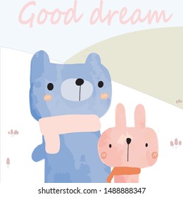 Cute rabbit bunny and teddy bear in flower garden cartoon illustration vector by freehand doodle comic art for celebrated card or banner background
