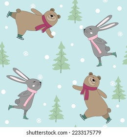 Cute rabbit bunny and teddy bear having fun ice skating seamless pattern