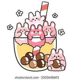 Cute rabbit bunny various poses in big bubble milk tea cup with flower on white background.Rodent animal character cartoon design.Kawaii.Vector.Illustration.