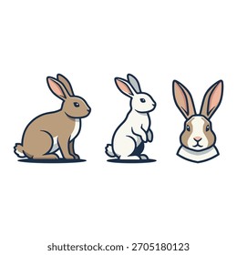 Cute rabbit and bunny vector set including brown and white breeds.
