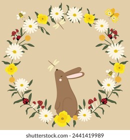 Cute Rabbit Bunny in Wild Flower Wreath Frame - Hand Drawn Clipart Vector Illustration for Invitation, Greeting Card, Birthday, Party, Celebration, Wedding, Poster, and Wallpaper
