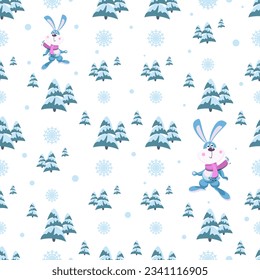 Cute rabbit. Bunny. Winter day in a pine forest. Vector background, falling snow. Seamless pattern.