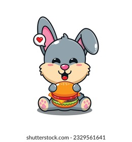 cute rabbit with burger cartoon vector illustration.