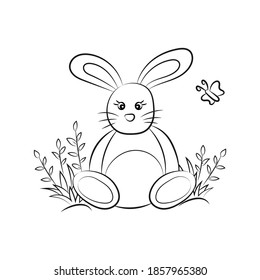 Cute rabbit with butterfly. Coloring book  page. Vector illustration