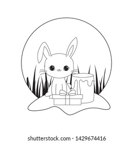 cute rabbit with cake of birthday and gift box in landscape
